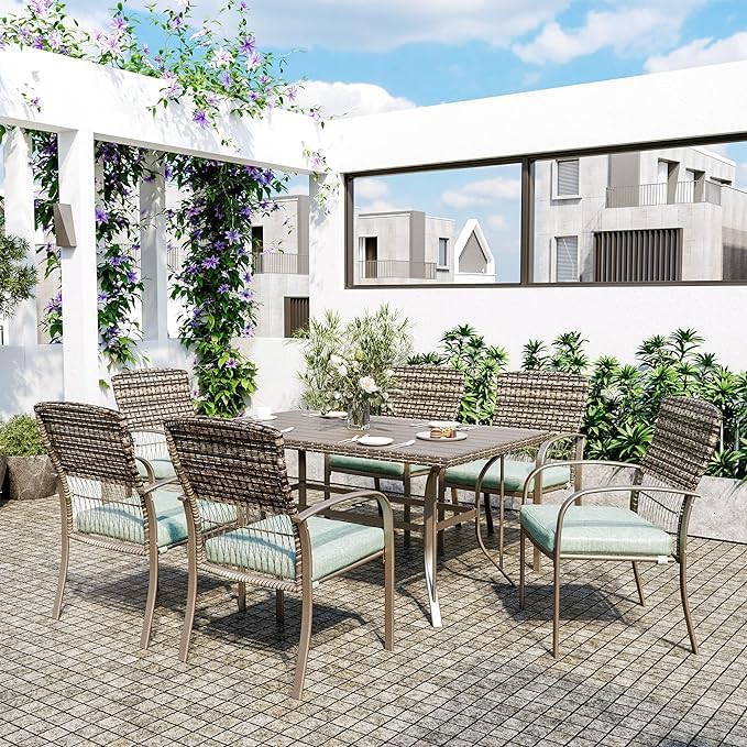 Pamapic Patio Dining Set, 7 Piece, Outdoor Wicker Furniture Set for Backyard Garden Deck Poolside/Iron Slats Table Top, Removable Cushion, Green