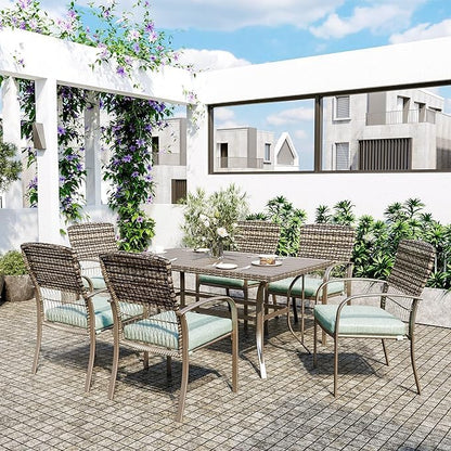 Pamapic Patio Dining Set, 7 Piece, Outdoor Wicker Furniture Set for Backyard Garden Deck Poolside/Iron Slats Table Top, Removable Cushion, Green