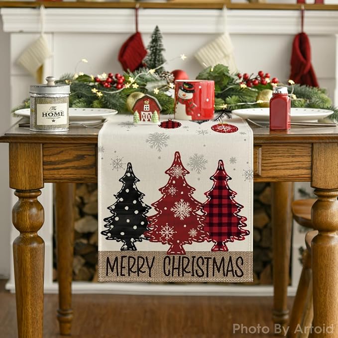 Artoid Mode Red Pine Trees 2PCS Merry Christmas Table Runner, Seasonal Winter Holiday Kitchen Dining Table Decoration for Home Party Decor 13x72 Inch