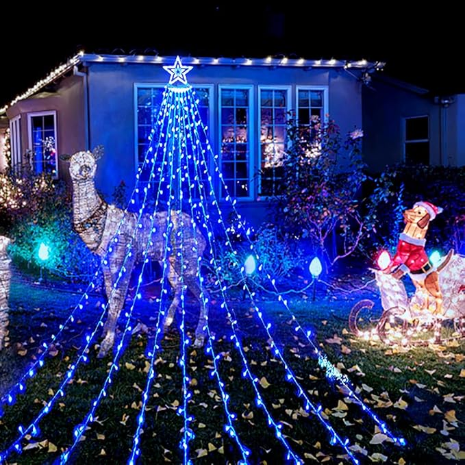 Aokudoni Christmas Lights Outdoor, 12.6FT 350 LED Blue Waterfall Lights Christmas Decorations, 8 Modes Christmas Lights for Tree, Outside Christmas Decorations for Yard Garden Patio Wall Porch