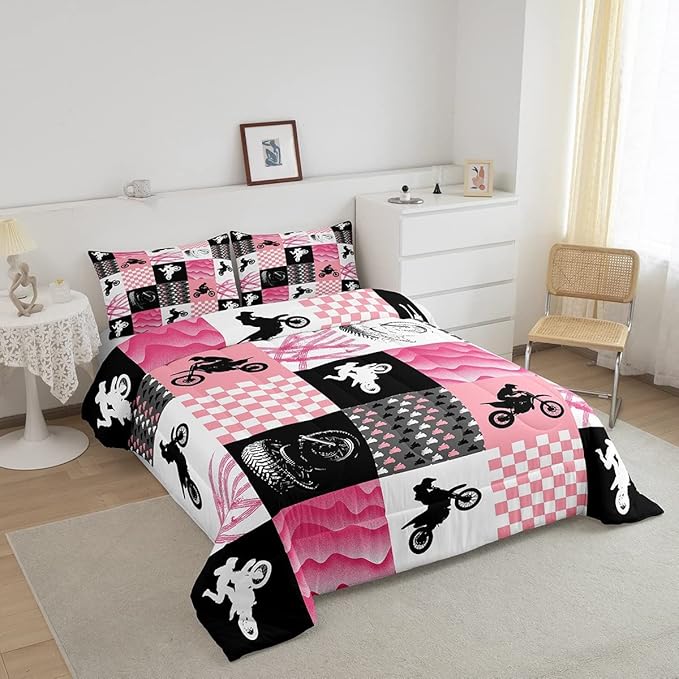 Motocross Comforter Set, Dirt Bike Bedding Sets & Collections Full, Motorcycle Rider Down Comforter For Kids Boys Girls, Motorbike Extreme Sport Game Comforter Set, Buffalo Plaid, Pink Grey Black