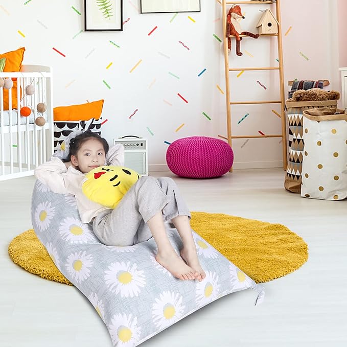 Stuffed Animal Storage Bean Bag Chair Cover, Canvas Daisy Plush Toy Storage Stuff and Sit Seat for Kids/Teens/Adults, 52" x 31" Extra Large Triangle Floor Sofa Lounger, 200L/52Gal, Cover Only