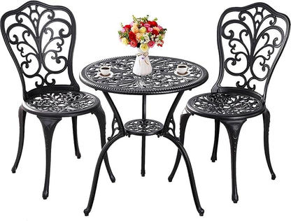 Outdoor Bistro Set 3 Piece Patio Bistro Set, Cast Aluminum Bistro Table and Chairs Set of 2, Small Patio Table Set for Porch, Black