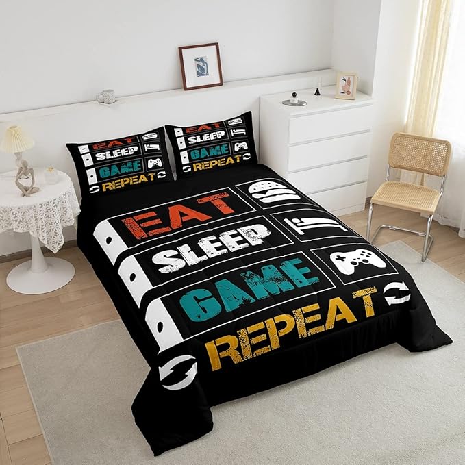 Boys Gaming Comforter Sets for Kids Twin Size Gamer Bedding Set Teens Video Games Comforter Duvet Room Decor Funny Creative Eat Sleep Game Repeat Design Reversible Inner Fill Quilt Set All Season