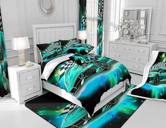 Teal Race Car Comforter Set Queen Size, Black White Lattice Bedding Set 2pcs for Kids Boys Teens Room Decor,Extreme Sport Games Quilt Set,Cool Modern Duvet Insert with 2 Pillowcases