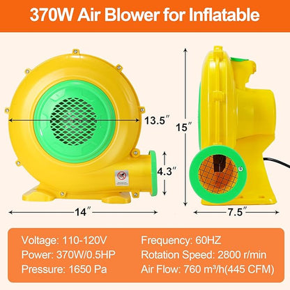 Bounce House Blower, 370W 0.5HP Commercial Air Blower with Double-sided Fan Blade Design, Strong Wind and Great Heat Dissipation Properties for Small Bouncy Castle, Jump Slides, Inflatable Arch