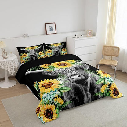 Highland Cow Bedding Set Kids Sunflower Floral Western Cow Bull Comforter Set for Girls Teens Farmhouse Wildlife Animal Comforter Black Duvet Set Room Decor Quilt Set Twin Size