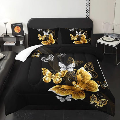 Butterfly Comforter Set for Adults Black and Gold Butterfly Bedding Set Aesthetics Butterflies Quilt Duvet Set Twin Size with 1 Comforter and 2 Pillowcases