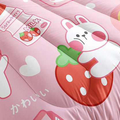 Strawberry Rabbit Comforter Set for Kids Teens Girls Women,Pink Bunny Kids Comforter,1 Comforter with 2 Pillowcase, Microfiber 3 Piece Bedding Set,for All Seasons(Pink，Full Size)