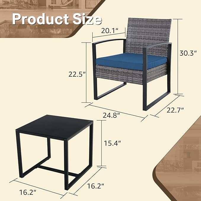 3 Pieces Patio Furniture Set, Outdoor Patio Set, Patio Bistro Set, All-Weather Wicker Conversation Set with Cushions Table for Porch Backyard (Gray-Blue)