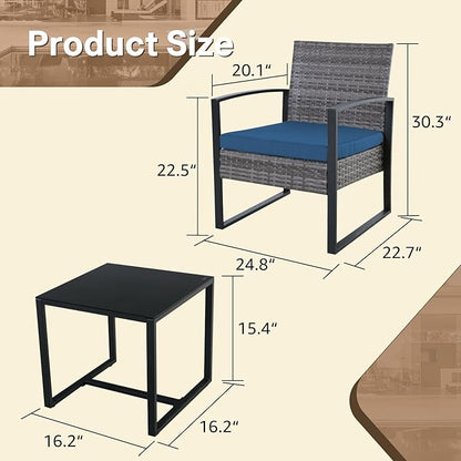 3 Pieces Patio Furniture Set, Outdoor Patio Set, Patio Bistro Set, All-Weather Wicker Conversation Set with Cushions Table for Porch Backyard (Gray-Blue)