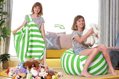 Aubliss Stuffed Animal Bean Bag Storage Chair, Beanbag Covers Only for Organizing Plush Toys, Turns into Bean Bag Seat for Kids When Filled, Medium 32"-Canvas Stripes Green/White