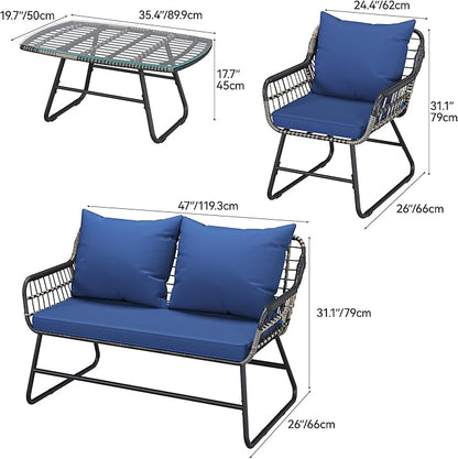YITAHOME 4-Piece Patio Furniture Wicker Outdoor Bistro Set, All-Weather Rattan Conversation Loveseat Chairs for Backyard, Balcony and Deck with Soft Cushions and Metal Table (Navy Blue)