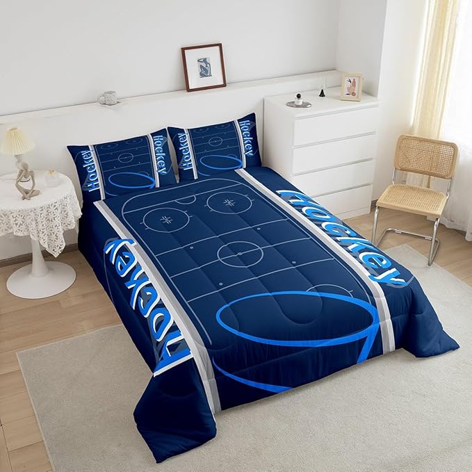 Feelyou Kids Hockey Player Comforter Set Full Size Ice Hockey Bedding Set for Boys Girls Teens Bedroom Decor Ice Sports Games Comforter Puck Hockey Duvet Set with 2 Pillow Case