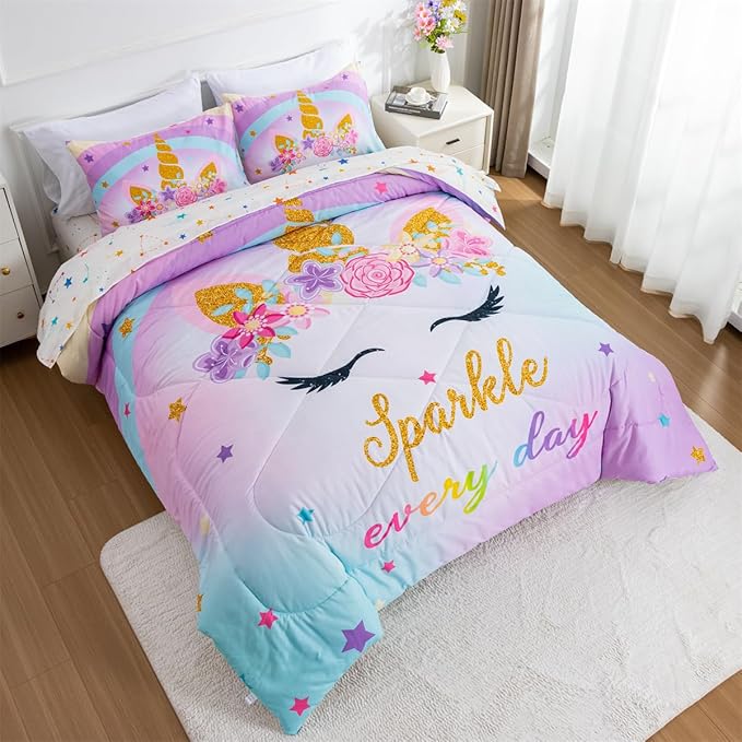 NTBED Unicorn Full Comforter Set with Sheets,5 Pieces Kids Bedding Sets for Girls, Lightweight Microfiber Star Rainbow Bed in a Bag,Blue Purple