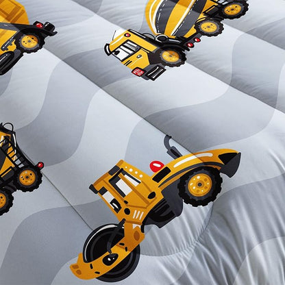 Datura home Construction Truck Comforter Set for Boys Kids Children,Grey Machinery Truck Excavators Vehicles Cartoon Tractor Bedding with 1 and 2 Pillowcases(Truck Grey Queen), Queen 90x90inches