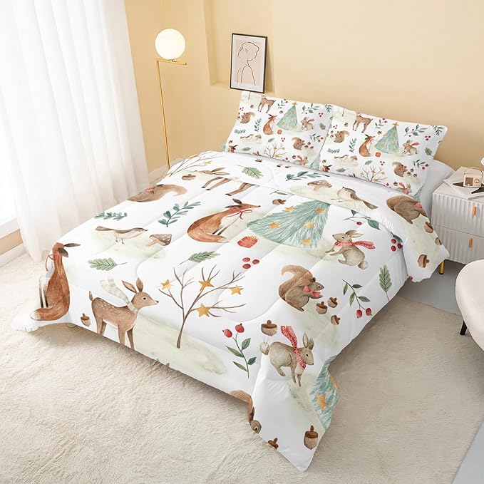 Wild Animal Comforter Queen Size,Rabbit Deer Comforter Set for Kids Teens Girls Boys,3Pcs Bedding Set Printed Comforter with 2 Pillowcases,Down Alternative,Soft and Lightweight，Queen Size