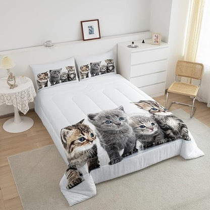 Little Cat Bedding Set Lovely Pet Cats Comforter Cat Lover's Animal Themed Design Comforter Set for Boys Girls Kids Room Decor Cute Kitten Print Duvet Set Twin Size with 1 Pillow Case
