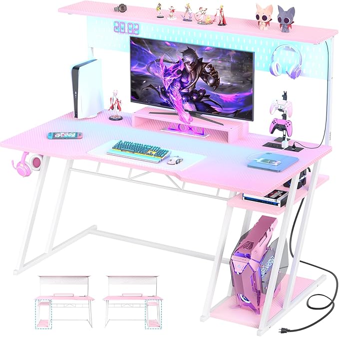 Pink Gaming Desk with Hutch and LED Lights, 55" Computer Desk with Storage Shelves, Reversible PC Gaming Desk with Pegboard, Gaming Table Gamer Desk for Bedroom, Carbon Fiber Pink