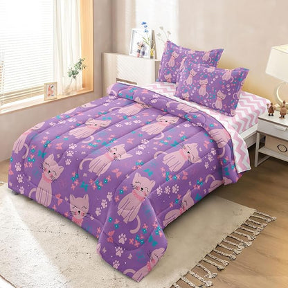 5 Piece Girls Cat Comforter Set Twin Size Bed in A Bag Pink Cute Cartoon Cats Bedding Set for Kids Teens (1 Comforter, 1 Flat Sheet, 1 Fitted Sheet, 2 Pillowcases), Purple Pink