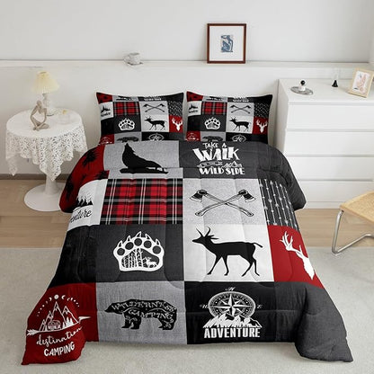 Deer Antler Bear Kids Comforter Set King Size,Plaids Boho Arrows Patchwork Bedding Set for Boys Girls Adults Room Decor,Rustic Adventure Camper Down Comforter,Red Xmas Duvet Insert,2 Pillowcases