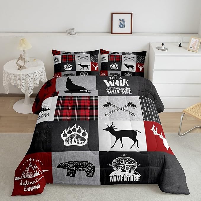 Deer Antler Bear Kids Comforter Set Queen Size,Plaids Boho Arrows Patchwork Bedding Set for Boys Girls Adults Room Decor,Rustic Adventure Camper Down Comforter,Red Xmas Duvet Insert,2 Pillowcases