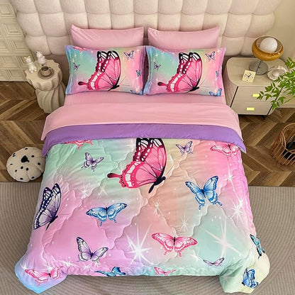 Girls Butterfly Comforter Set Bed in A Bag Full Size 7 Piece 3D Purple Bedding Comforter Bed Set with Pillow Shams, Flat Sheet, Fitted Sheet, Pillowcases All Season