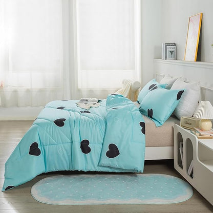 Love Pattern Girls Comforter Set Full Size, Sky Blue Cute Love Heart Print Comforter Bedding Set for All Seasons, Geometric Soft Microfiber 3 Pieces Comforter Set with Pillowcases