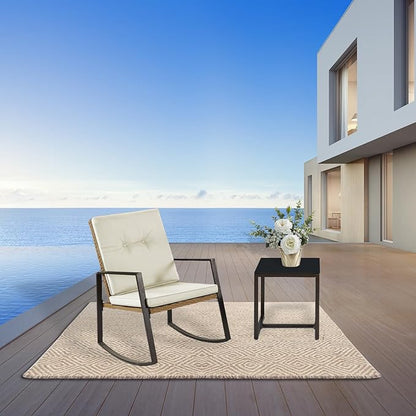 3 Pieces Rocking Bistro Set Outdoor Wicker Patio Furniture Conversation Coffee Table,Washable Cushion for Porch,balcony,Garden,Backyard,Poolside(Beige)