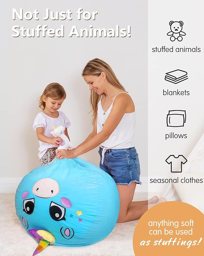 Aubliss Unicorn Stuffed Animal Storage, Velvet Bean Bag Chairs Cover, X-Large 38" Ultra Soft Kids Toy Storage Organizer for Blankets Towels Clothes Home Supplies, Blue Big Eyes