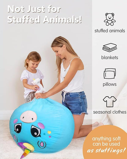 Aubliss Unicorn Stuffed Animal Storage, Velvet Bean Bag Chairs Cover, X-Large 38" Ultra Soft Kids Toy Storage Organizer for Blankets Towels Clothes Home Supplies, Blue Big Eyes