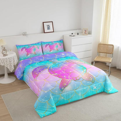 Erosebridal Mermaid Scales Comforter Set for Girls, Tortoise Reptile Bedding Set Twin Size, Sea Turtle Ocean Life Duvet Sets for Kids Children Boys Women, Sweet Girly Down Comforter, Teal Blue
