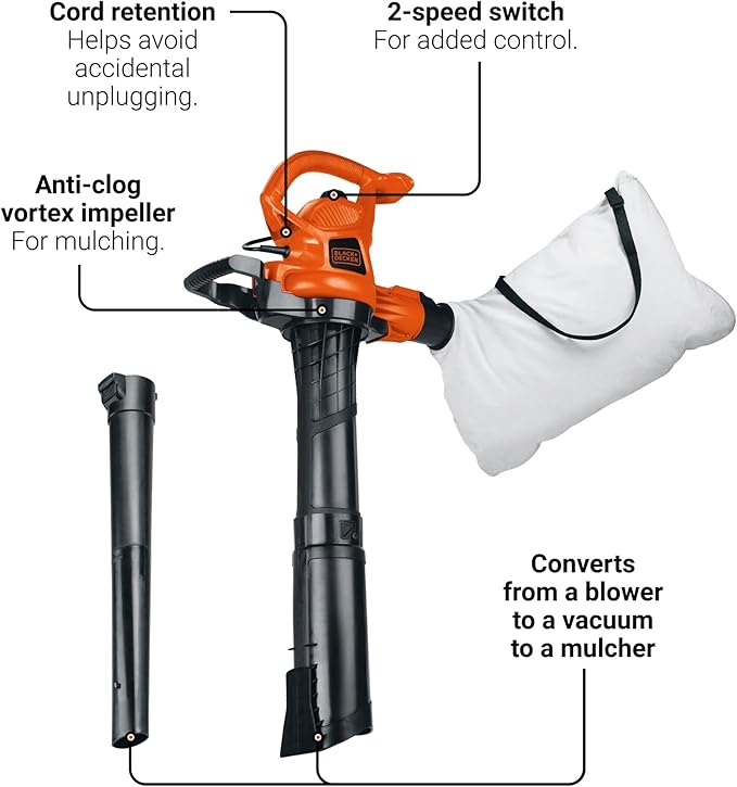 BLACK+DECKER 3-in-1 Leaf Blower, Leaf Vacuum and Mulcher, Up to 230 MPH, 12 Amp, Corded Electric (BV3600)