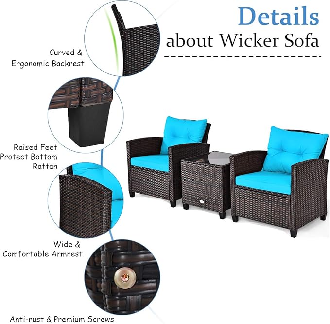 3 PCS Patio Furniture Set, OneSize, Turquoise