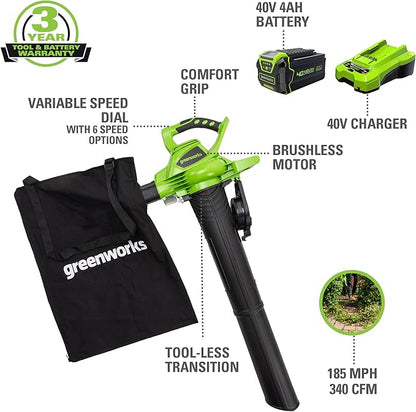 Greenworks 40V (185 MPH / 340 CFM / 75+ Compatible Tools) Cordless Brushless Leaf Blower / Vacuum, 4.0Ah Battery and Charger Included