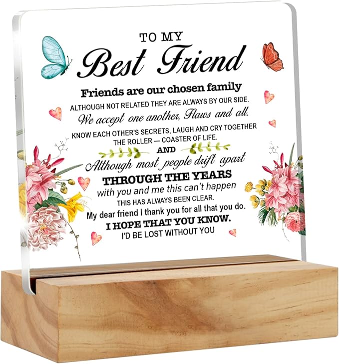 Best Friend Gift Friendship Desk Decor Friends are Our Chosen Family Acrylic Desk Plaque Sign with Wood Stand Home Office Table Desk Sign Keepsake