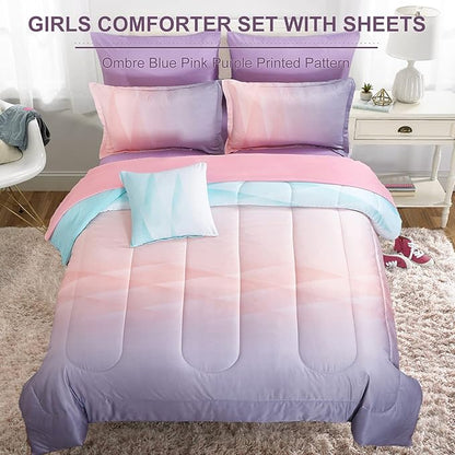 Girls Comforter Set Queen Size Colorful Ombre Blue Pink Purple Rainbow Bedding Set 7 Pieces Bed in A Bag for Kids Teen Girls Women with Comforter, Flat Sheet, Fitted Sheet