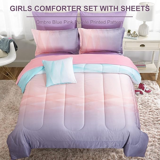 Dinjoy Reversible Girls Comforter Set Full Size Colorful Ombre Blue Pink Purple Rainbow Bedding Set 7 Pieces Bed in A Bag for Kids Teen Girls Women(1 Comforter, 1 Flat Sheet, 1 Fitted Sheet)