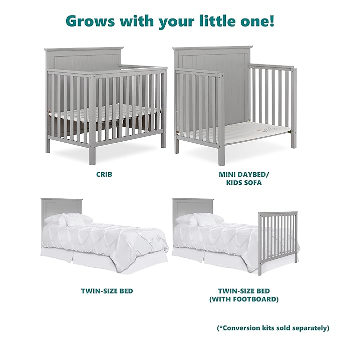 Ava 4-in-1 Convertible Mini Crib in Pebble Grey, 635-PG, Greenguard Gold Certified, Non-Toxic Finish, Comes with 1" Mattress Pad, with 3 Mattress Height Settings