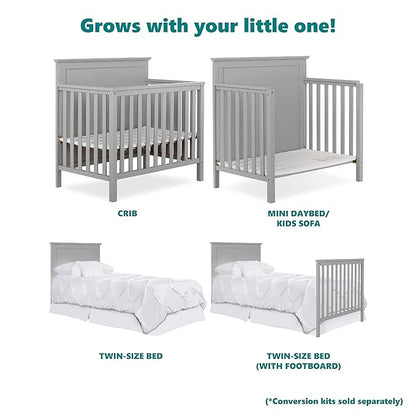 Ava 4-in-1 Convertible Mini Crib in Pebble Grey, 635-PG, Greenguard Gold Certified, Non-Toxic Finish, Comes with 1" Mattress Pad, with 3 Mattress Height Settings