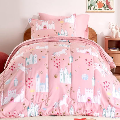 SLEEP ZONE Kids Bedding Comforter Set Full/Queen Size - Super Soft & Cute Printed 3-Piece Comforter Set All Seasons for Boys, Girls, Fade Resistant, Machine Washable, Unicorn Castle