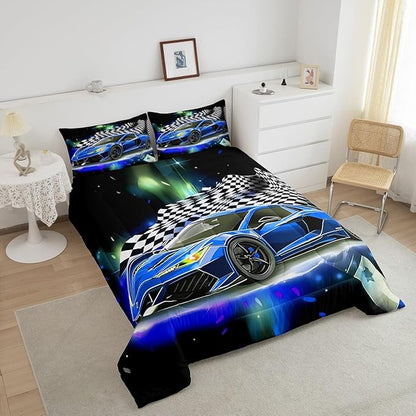 Feelyou Blue Racing Car Comforter Set Twin Size, Fast and Furious Extreme Sport Games Bedding Sets for Kids Boys Teens,Sports Car Bed in A Bag,Cool Modern Duvet Insert with 1 Pillowcase