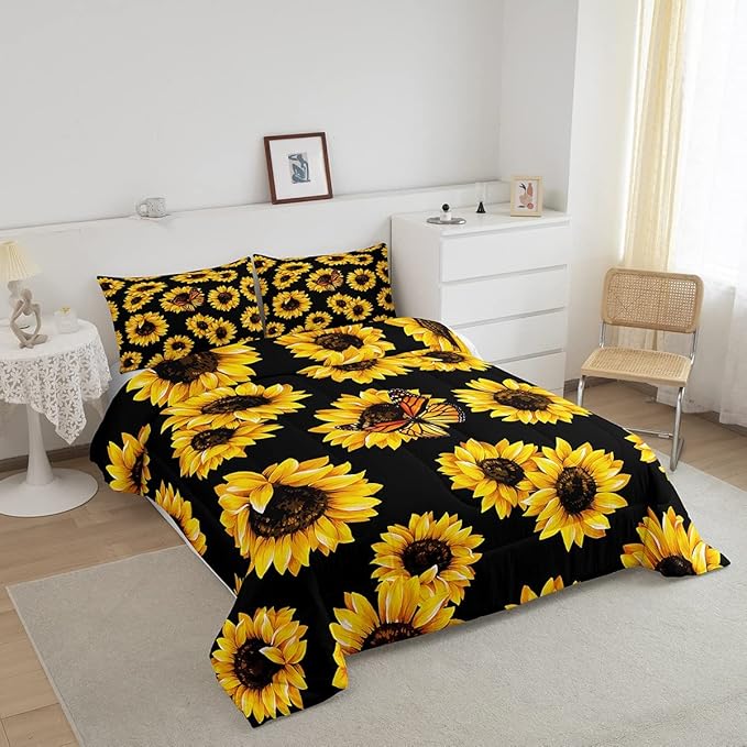 Feelyou Sunflower Bedding Set Girls Yellow Floral Butterfly Comforter Chic Flowers Pattern Comforter Set for Kids Teens Botanical Nature Duvet Set Ultra Soft Room Decor Twin Size