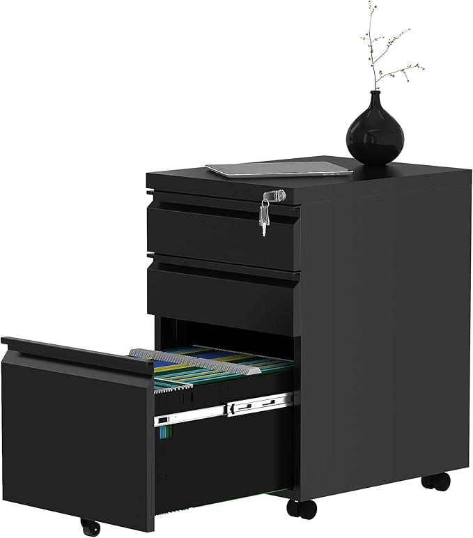 YITAHOME 3-Drawer Mobile File Cabinet with Lock, Office Storage Filing Cabinet for Legal/Letter Size, Pre-Assembled Metal File Cabinet Except Wheels Under Desk -Black