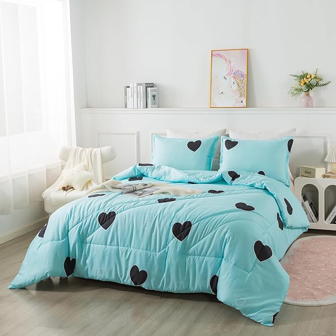 Love Pattern Girls Comforter Set Full Size, Sky Blue Cute Love Heart Print Comforter Bedding Set for All Seasons, Geometric Soft Microfiber 3 Pieces Comforter Set with Pillowcases