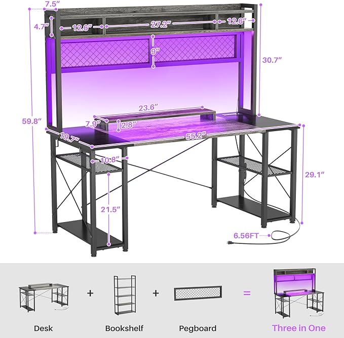 armocity 2024 Upgrade Gaming Desk with Hutch, 55.2'' Magic Computer Desk with LED and Outlets, Reversible Workstation Desk with Pegboard, Grey/Black