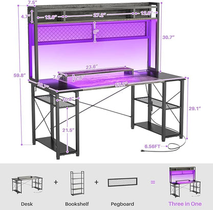 armocity 2024 Upgrade Gaming Desk with Hutch, 55.2'' Magic Computer Desk with LED and Outlets, Reversible Workstation Desk with Pegboard, Grey/Black