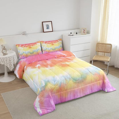 Boho Comforter Set Spiral Tye Dye Pattern 3pc Down Comforter King Size Rainbow Bedding Sets with 2 Pillowcases Soft Comfortable Machine Washable,Trippy Psychedelic Gypsy Duvet Quilt Set for Teen Girl