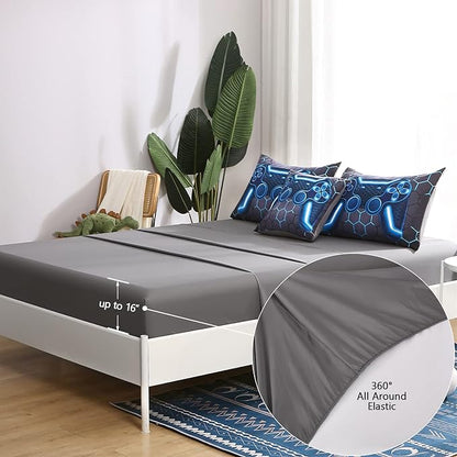 6Pcs Game Console Comforter Set with Sheets for Boys Girls Kids Teens, Geometric Gaming Themed Bed in A Bag Twin Size, Blue 3D Video Gamer Controller Bedroom Decor Bedding Set