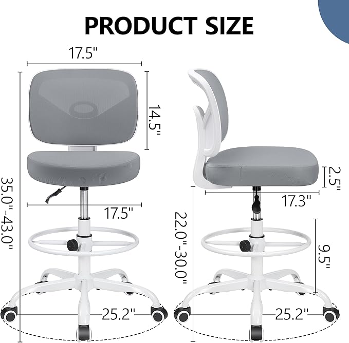 Primy Office Drafting Chair Armless, Tall Office Desk Chair Adjustable Height and Footring, Mid-back Ergonomic Standing Desk Chair Mesh Rolling Tall Chair for Art Room, Office or Home(Gray)